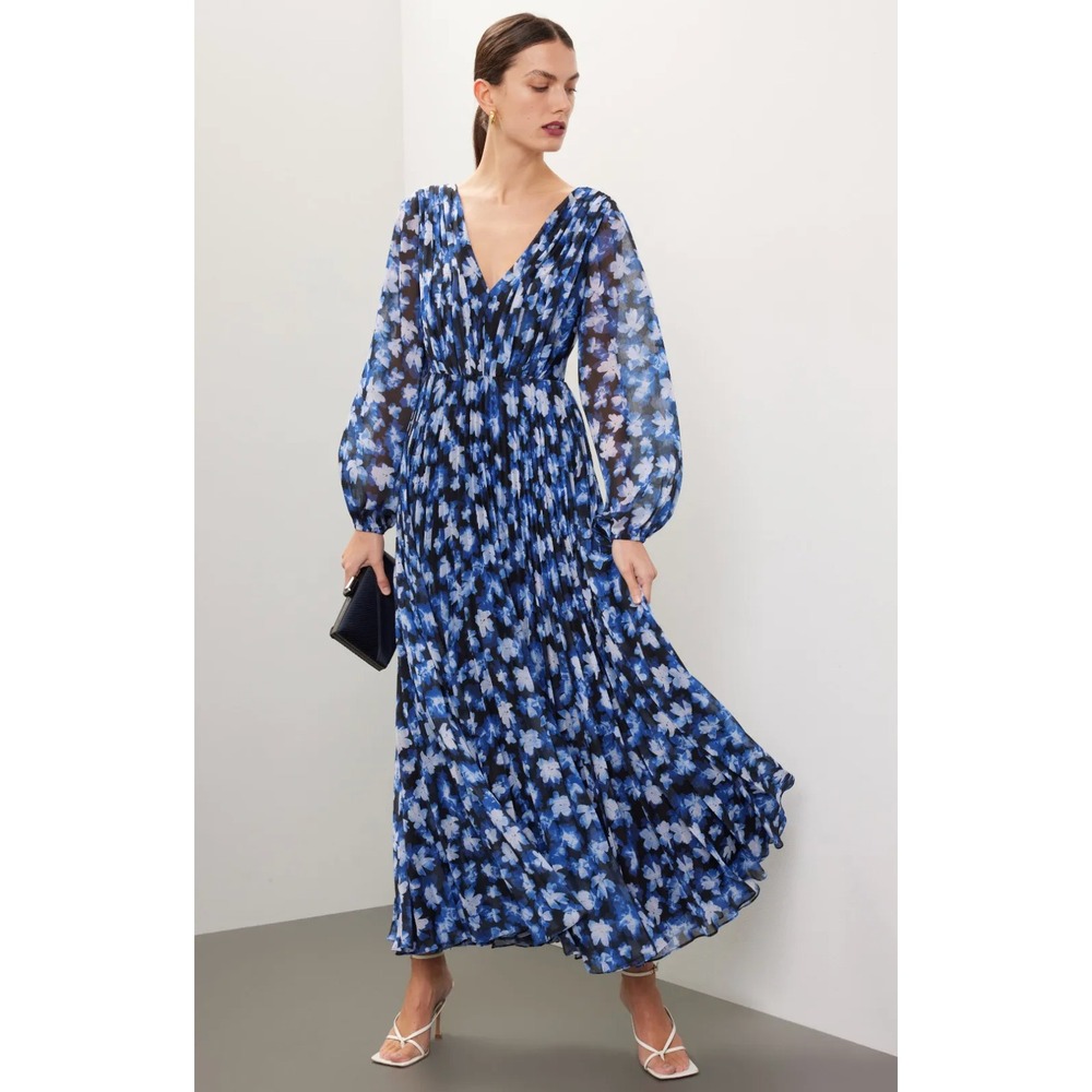 B27 Monique‎ Lhuillier Melanie Maxi Dress 6 Blue Floral Flowy Formal Wedding